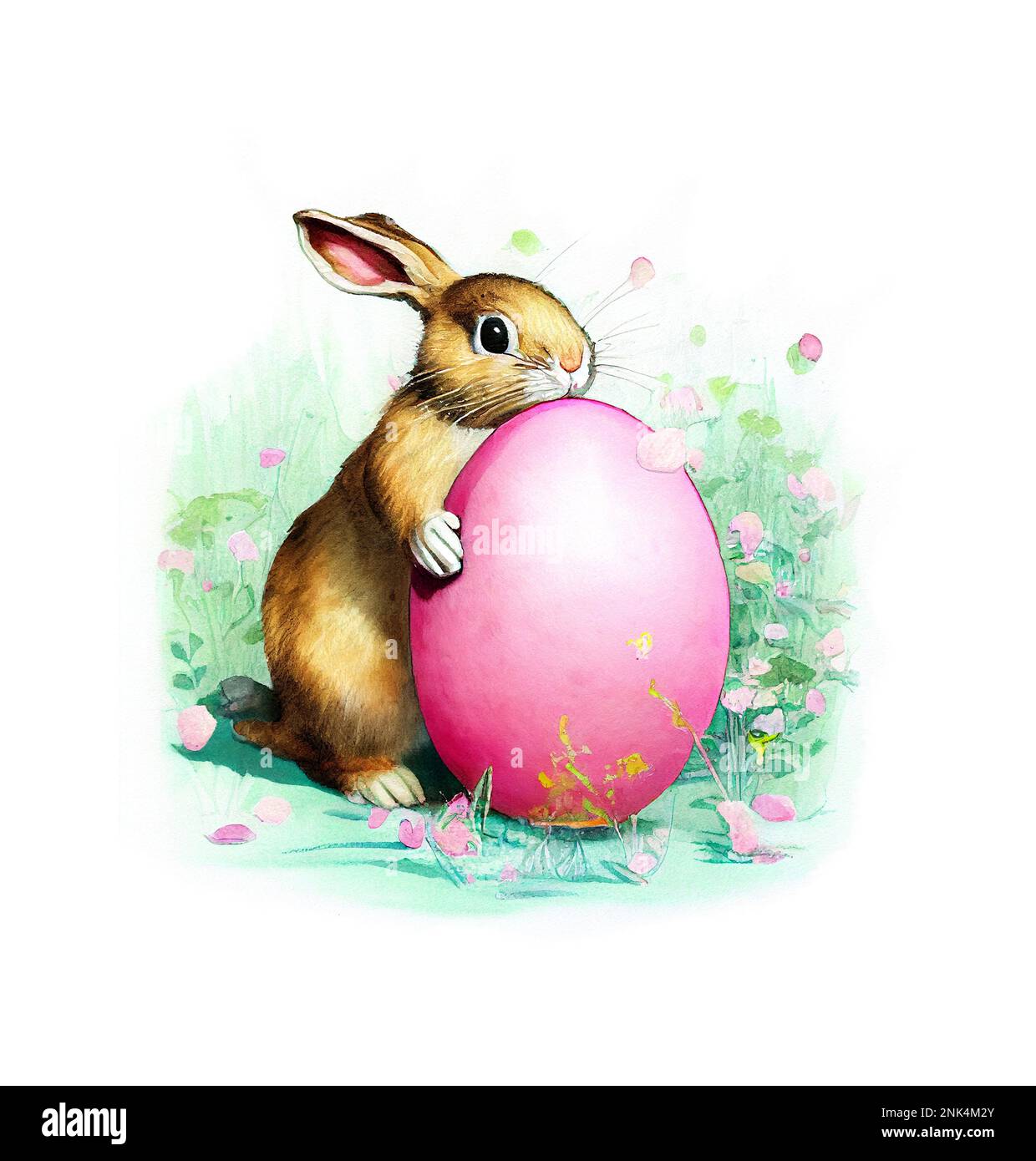 Osterhasen mit einem großen pinkfarbenen Ei, wasserfarbenes Gemälde Stockfoto