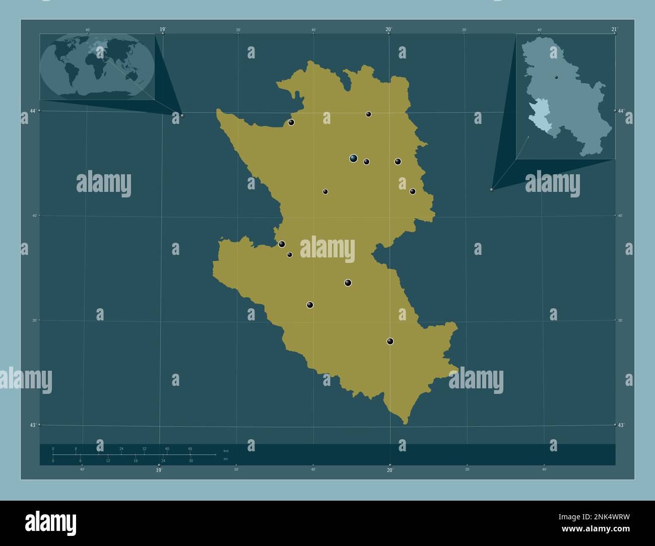 Zlatiborski, Bezirk Serbien. Durchgehende Farbform. Standorte der wichtigsten Städte der Region. Eckkarten für zusätzliche Standorte Stockfoto