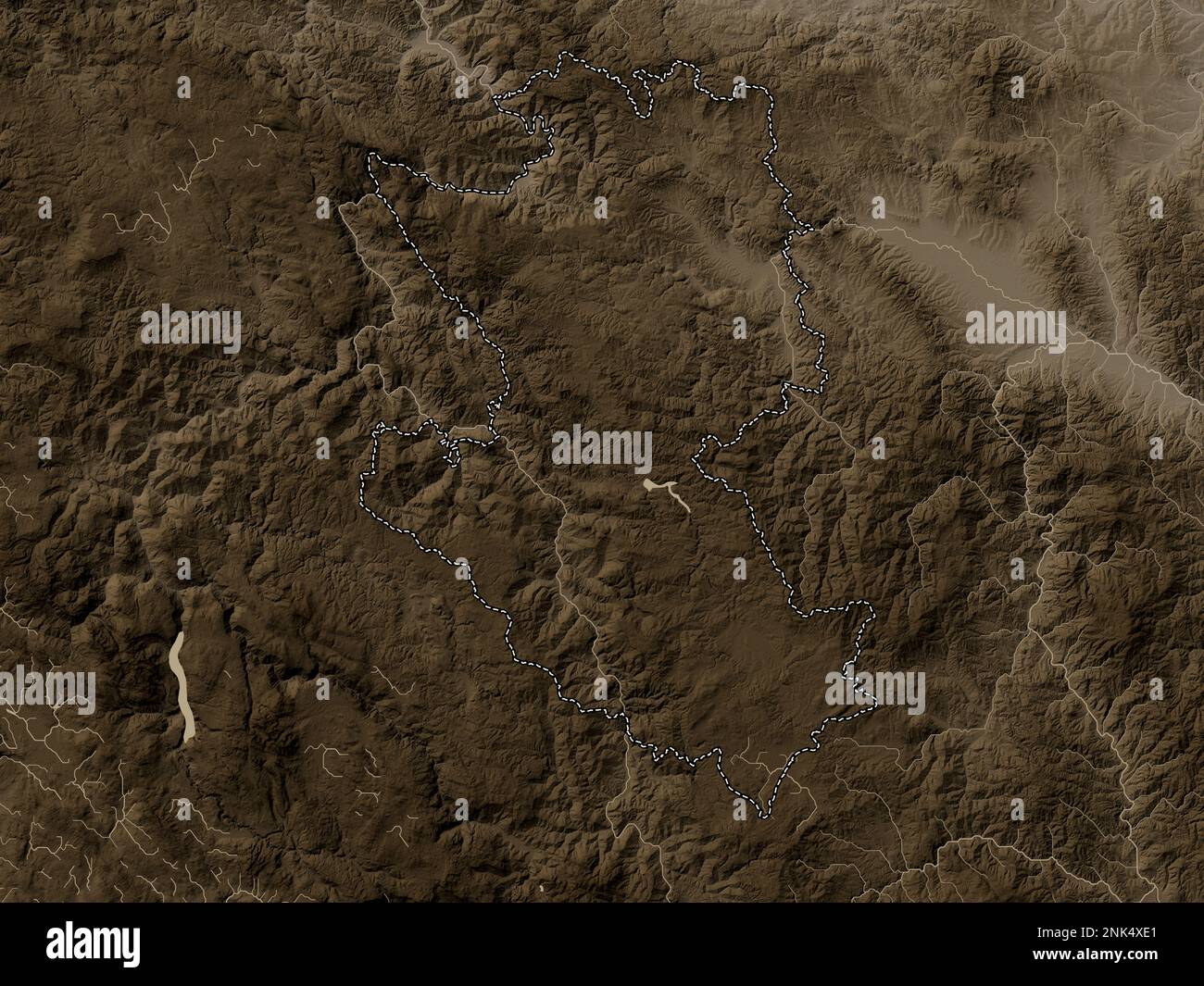 Zlatiborski, Bezirk Serbien. Höhenplan in Sepia-Tönen mit Seen und Flüssen Stockfoto