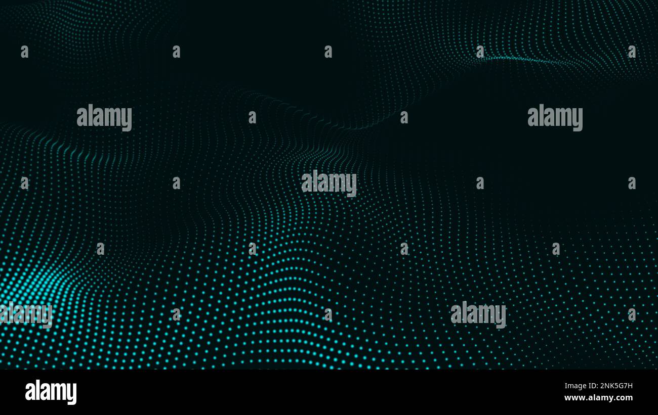Abstrakter Trapcode bildet eine digitale Partikelwelle und beleuchtet den Hintergrund. Animation im Cyber- oder Technologiehintergrund. Abstrakte Technologiewelle. Stockfoto