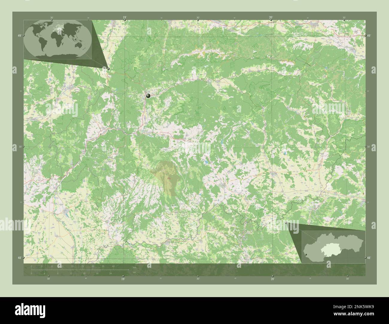 Banskobystricky, Region der Slowakei. Straßenkarte Öffnen. Eckkarten für zusätzliche Standorte Stockfoto