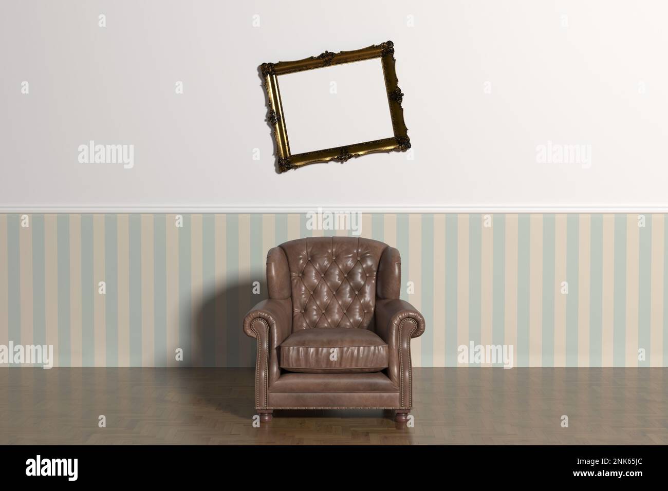 Das Interieur des Zimmers ist minimalistisch mit einem Sessel und einem Baguette-Rahmen an der Wand. 3D-Rendern. Stockfoto