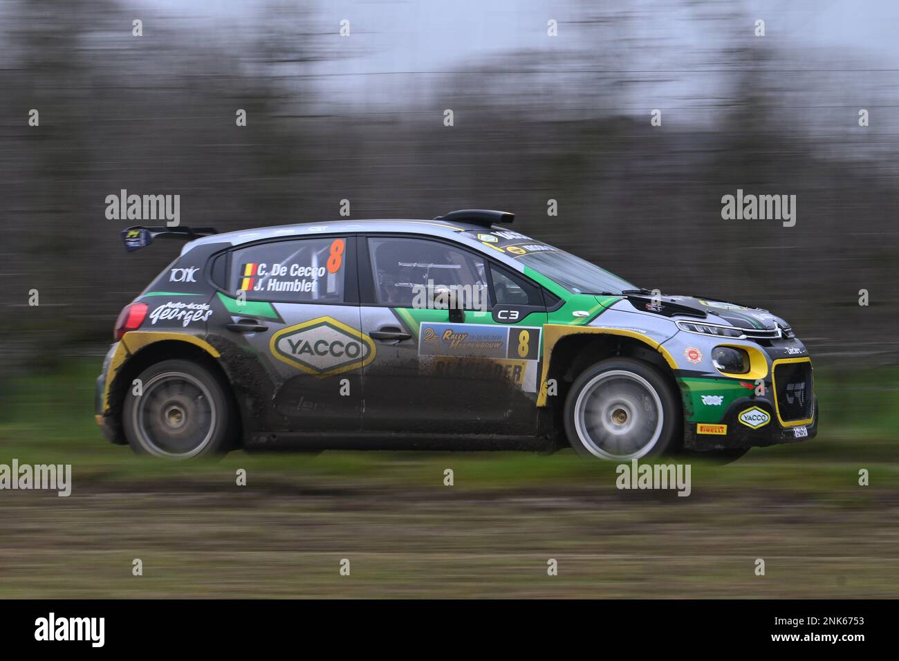 Sint-Truiden, Belgien, 23/02/2023, Belgisch Cedric De Cecco und Jerome Humblet in ihrer Citroen C3 Rally 2 des Teams CRT Sport, abgebildet während der Shakedown-Testfahrt vor der Haspengouw Rally-Veranstaltung am Donnerstag, den 23. Februar 2023 in Sint-Truiden, der ersten Etappe der belgischen Rally Championship. BELGA FOTO LUC CLAESSEN Stockfoto