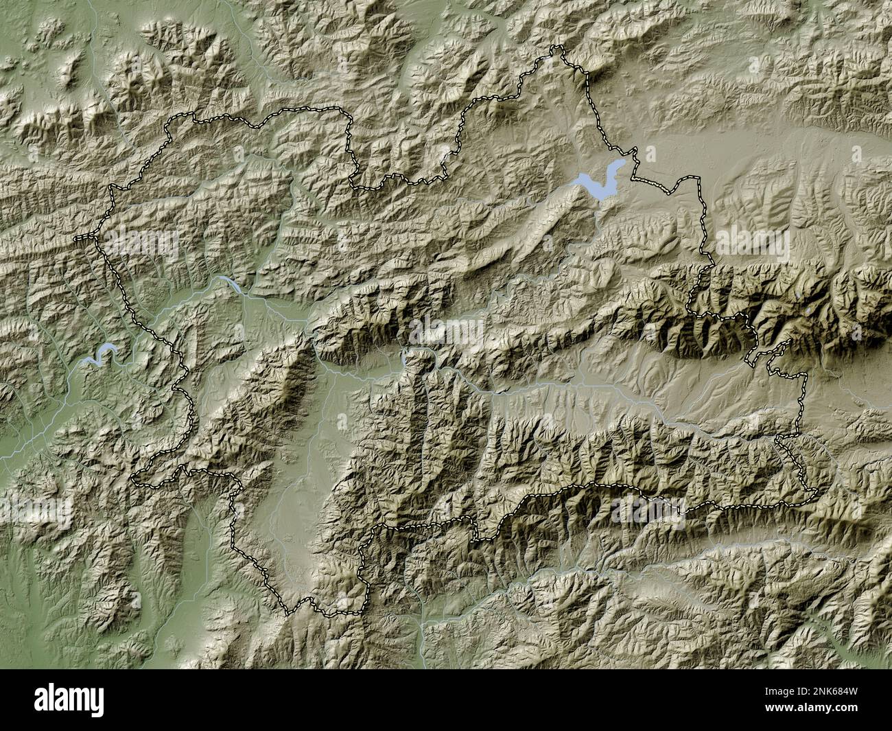 Zilinsky, Region der Slowakei. Höhenkarte im Wiki-Stil mit Seen und Flüssen Stockfoto