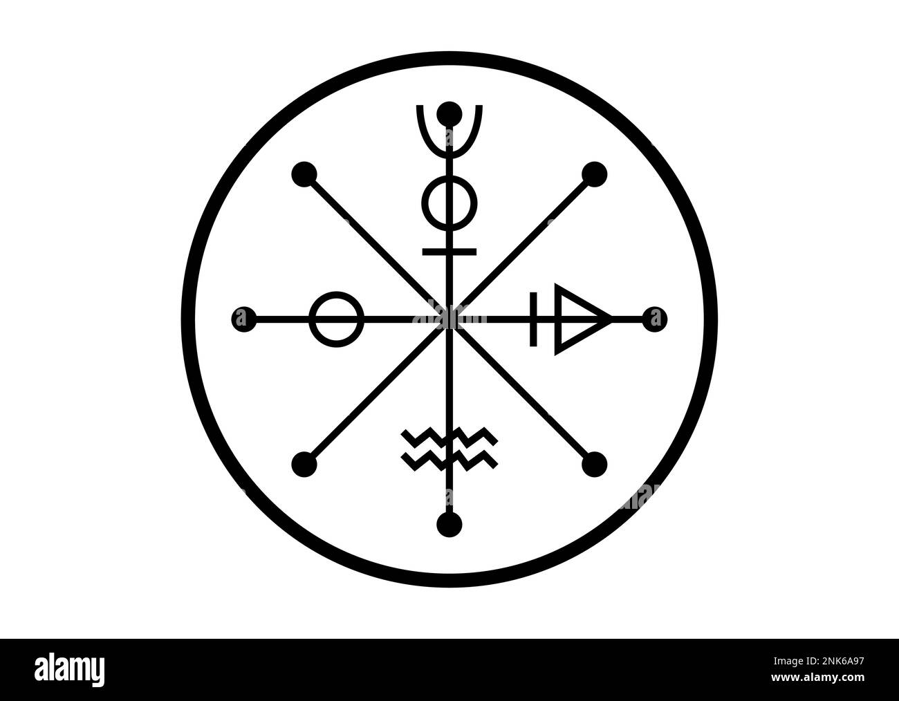 Das Rad der Fotune-Tarot-Symbol, weltweites altes Zeichen, der Zyklus des Lebens, magischer Hexentalisman-Glücksbringer, schwarzes Tattoo-Symbol heiliger Geometrie Stock Vektor