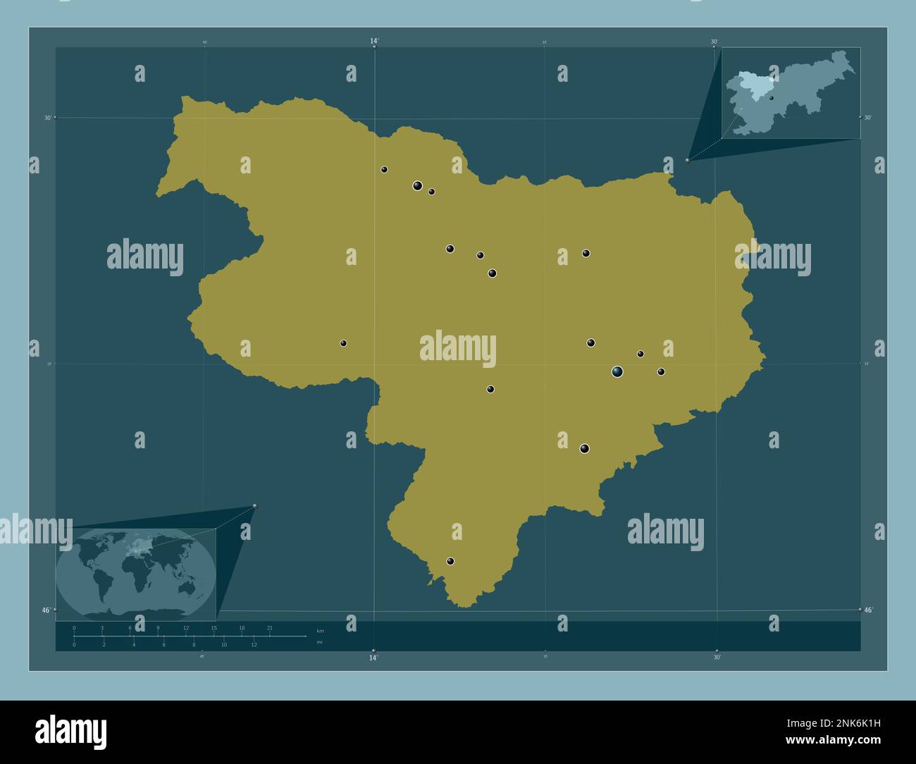 Gorenjska, statistische Region Sloweniens. Durchgehende Farbform. Standorte der wichtigsten Städte der Region. Eckkarten für zusätzliche Standorte Stockfoto