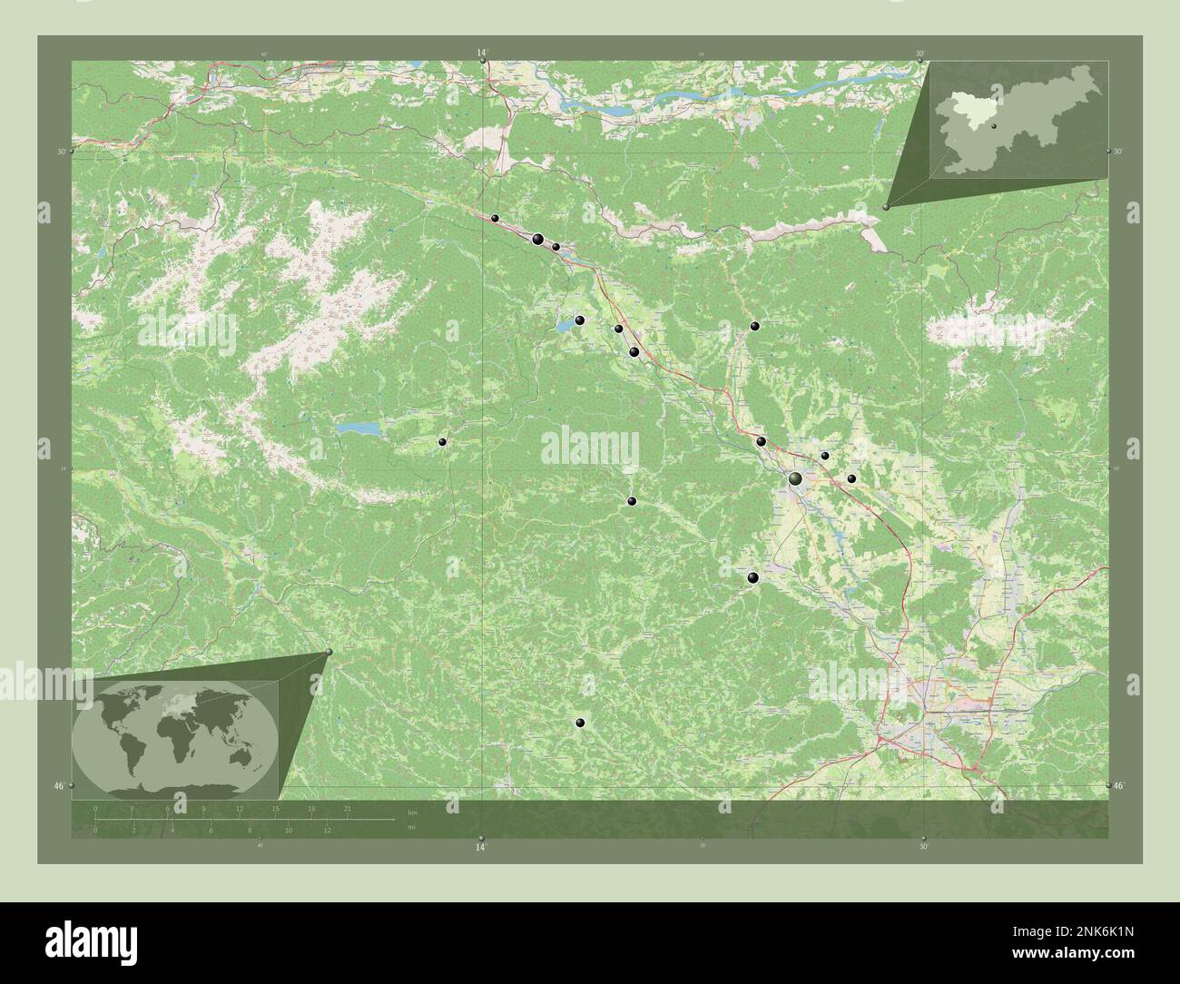 Gorenjska, statistische Region Sloweniens. Straßenkarte Öffnen. Standorte der wichtigsten Städte der Region. Eckkarten für zusätzliche Standorte Stockfoto