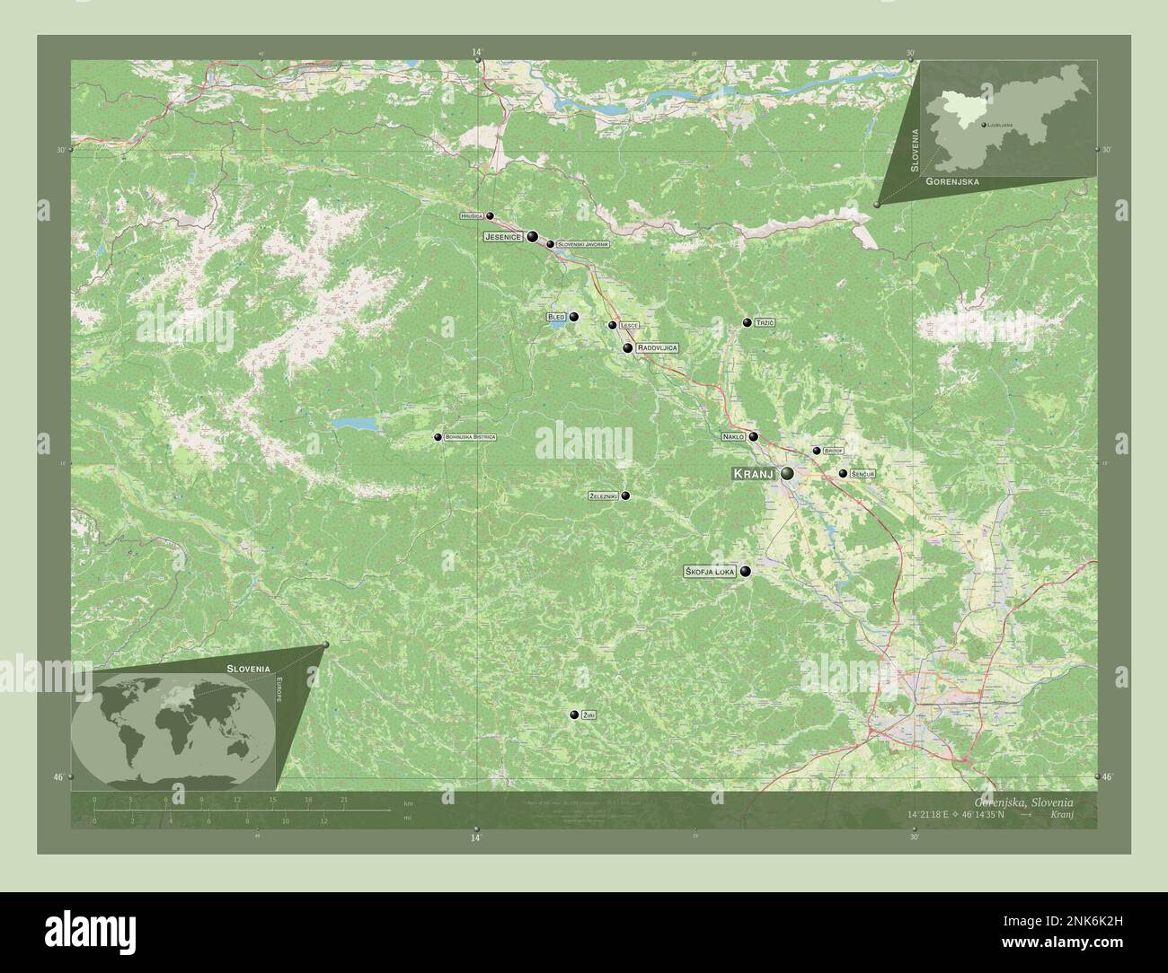 Gorenjska, statistische Region Sloweniens. Straßenkarte Öffnen. Standorte und Namen der wichtigsten Städte der Region. Eckkarten für zusätzliche Standorte Stockfoto