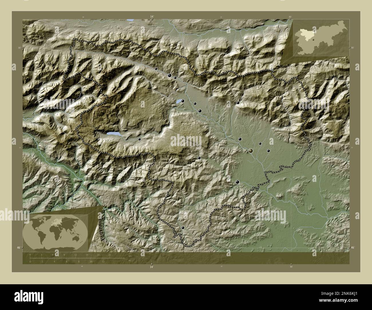 Gorenjska, statistische Region Sloweniens. Höhenkarte im Wiki-Stil mit Seen und Flüssen. Standorte der wichtigsten Städte der Region. Ecke Stockfoto