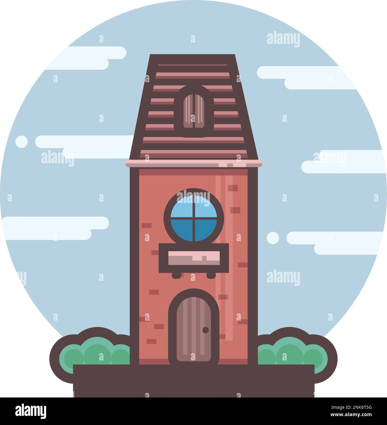 Roter Ziegelstein, ein Symbol für eine flache Gebäudestruktur. Stadtarchitektur. Cartoon im märchenhaften Stil. Großes Panoramafenster und Balkon. Süßes Cottage. Symbol mit rundem Himmelbett Stock Vektor