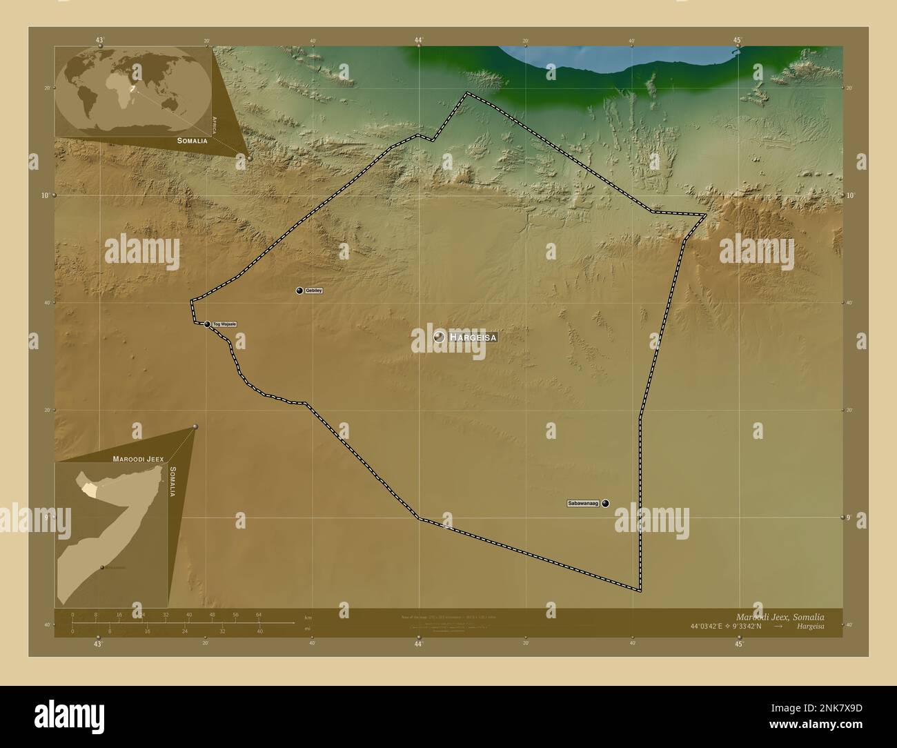 Maroodi Jeex, Region Somalia. Farbige Höhenkarte mit Seen und Flüssen. Standorte und Namen der wichtigsten Städte der Region. Ecke Zusatzanschluss Stockfoto