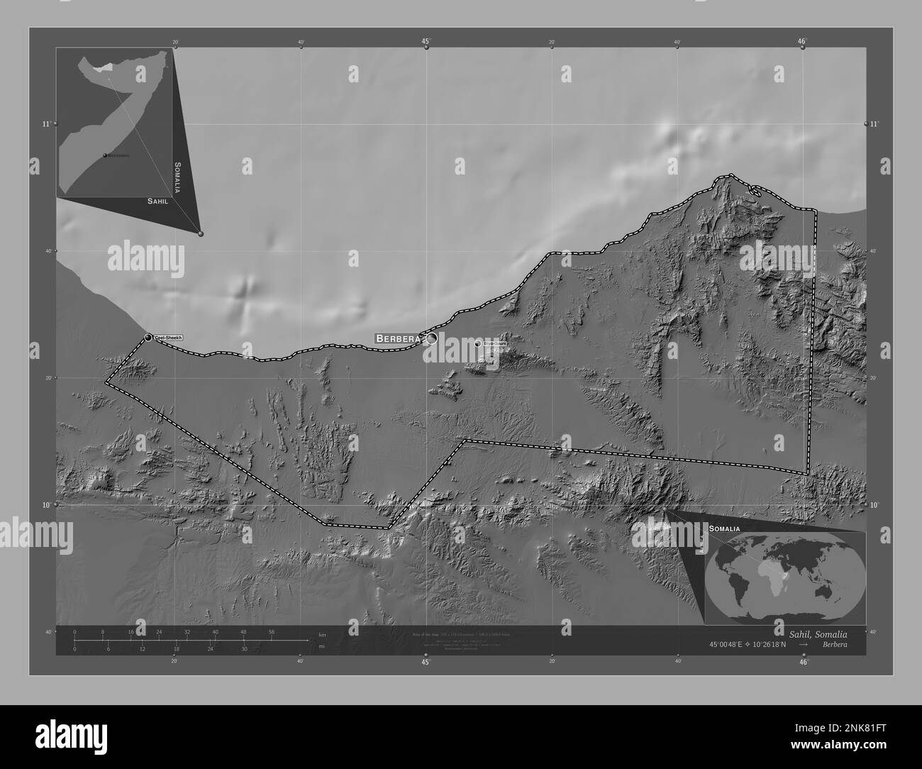 Sahil, Region Somalia. Bilevel-Höhenkarte mit Seen und Flüssen. Standorte und Namen der wichtigsten Städte der Region. Lage der Zusatzgeräte an der Ecke ma Stockfoto