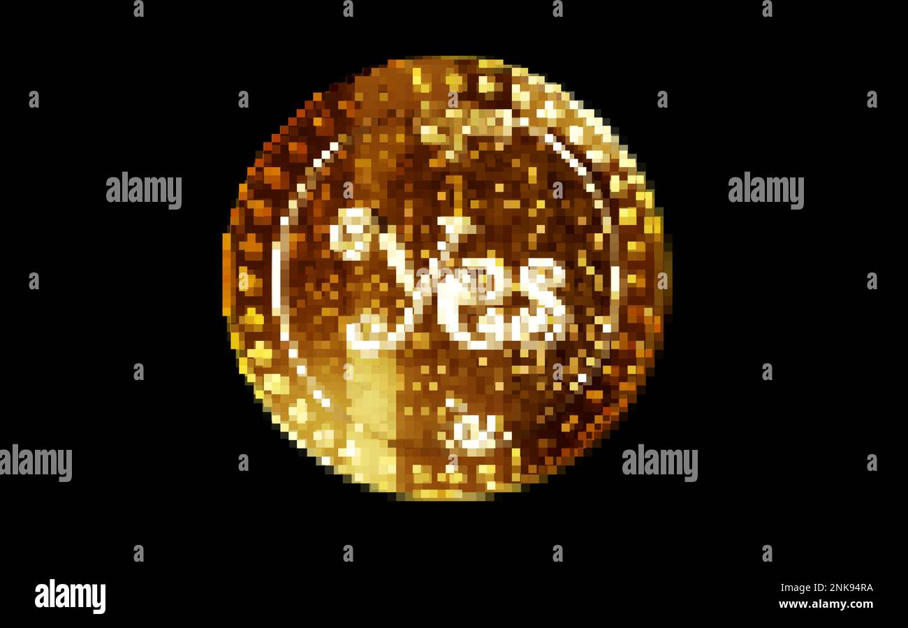 „Ja“ oder „Nein“ – eine willkürliche Entscheidung und eine Goldmünze im Retro-Pixel-Mosaik-80s-Stil. Abbildung des abstrakten Konzepts „Rotating Golden Metal“ 3D. Stockfoto
