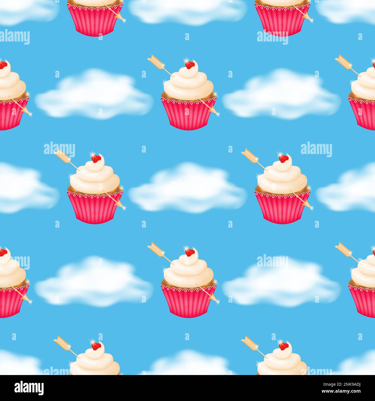 Flauschige Wolken auf blauem Hintergrund mit einem nahtlosen Muster köstlicher Cupcakes garniert mit Schlagsahne in einem pinkfarbenen, gebördelten Pappbecher, mit einem g durchbohrt Stock Vektor