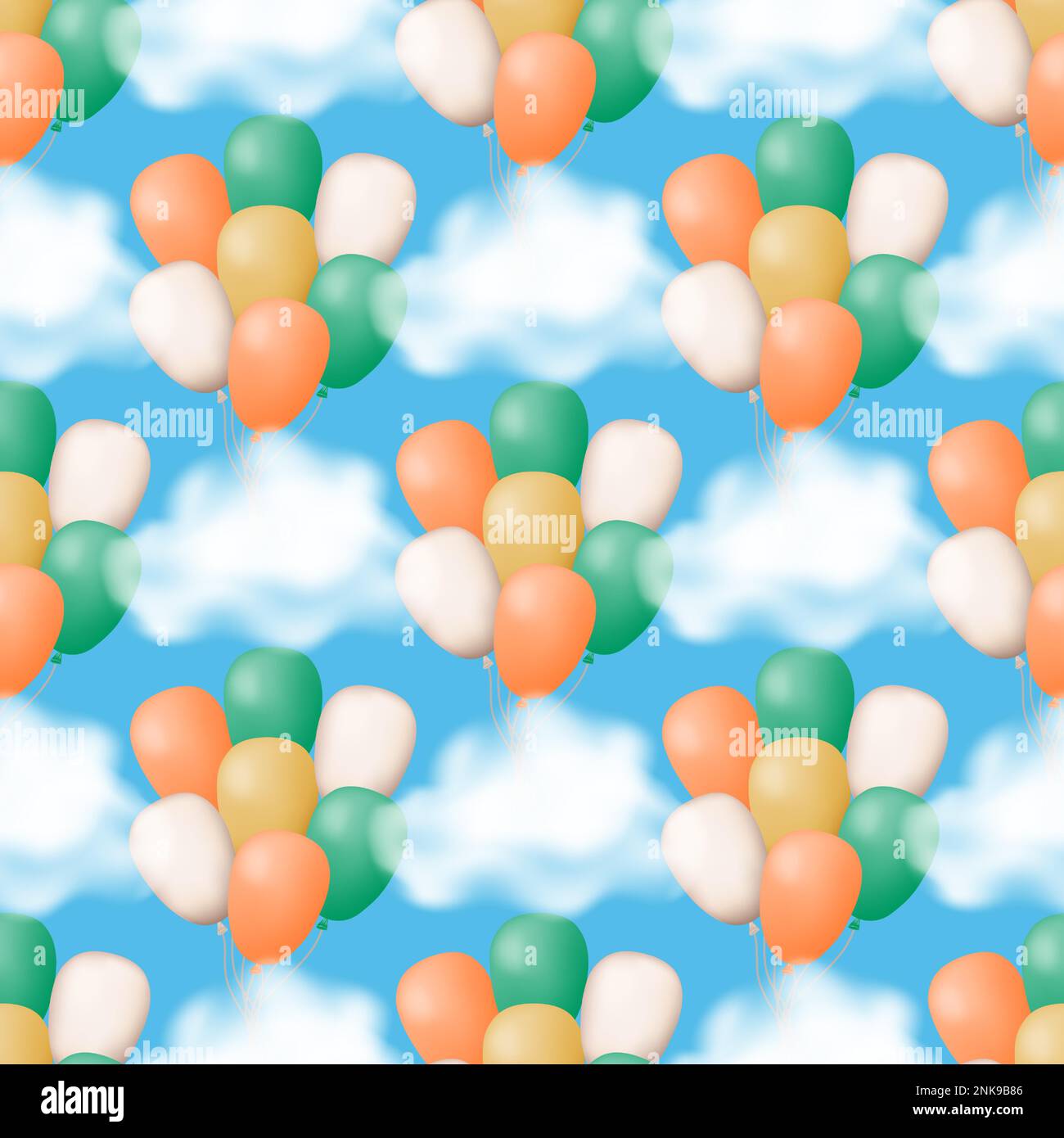 Nahtlose Muster von lebhaften Ballons, die zwischen flauschigen Wolken auf einem ruhigen blauen Hintergrund schweben. Perfekt für Stoff, Tapete, Geschenkpapier. Vektor i Stock Vektor