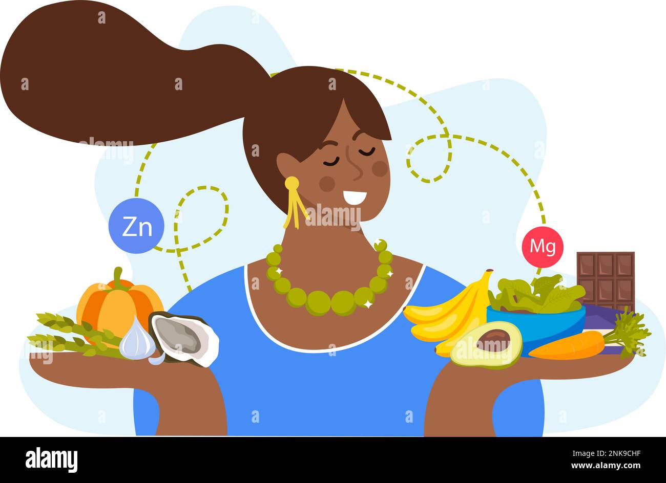 Glückliche Frau hält Zink und Magnesium reich gesundes Essen flacher Hintergrund Vektor Illustration Stock Vektor