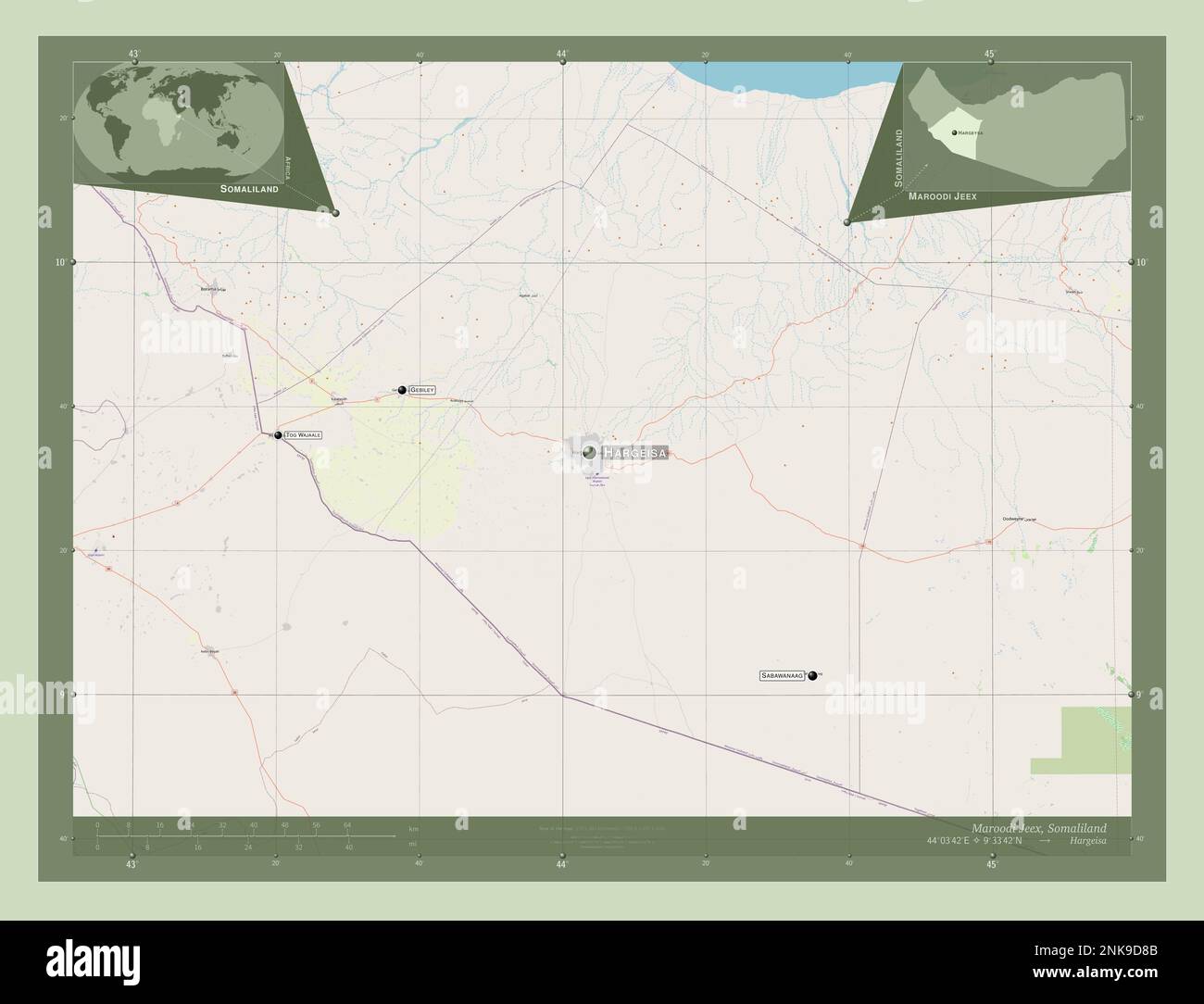 Maroodi Jeex, Region Somaliland. Straßenkarte Öffnen. Standorte und Namen der wichtigsten Städte der Region. Eckkarten für zusätzliche Standorte Stockfoto