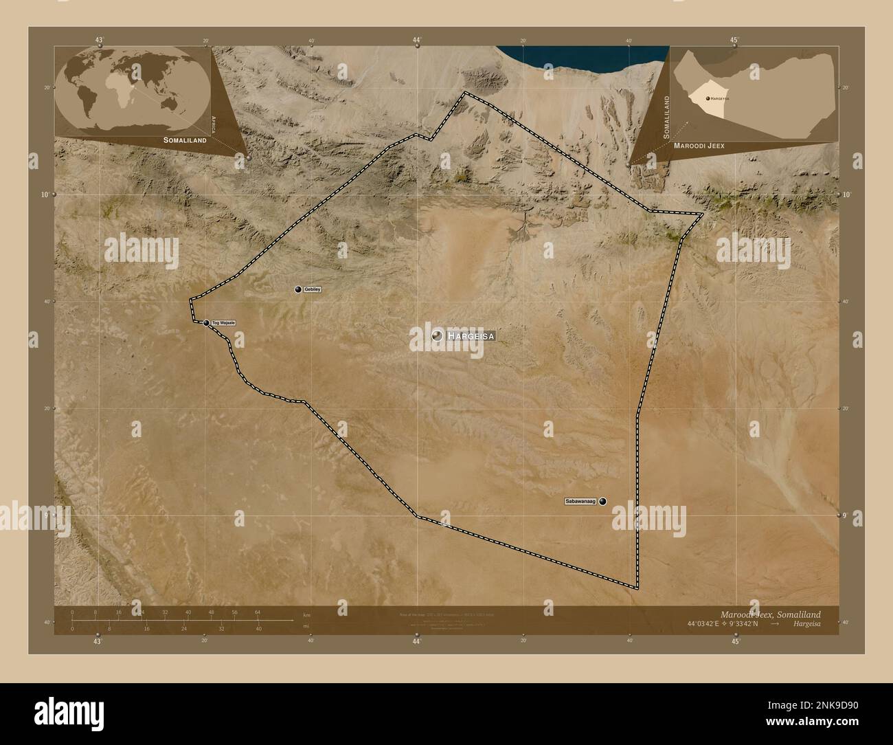 Maroodi Jeex, Region Somaliland. Satellitenkarte mit niedriger Auflösung. Standorte und Namen der wichtigsten Städte der Region. Eckkarten für zusätzliche Standorte Stockfoto