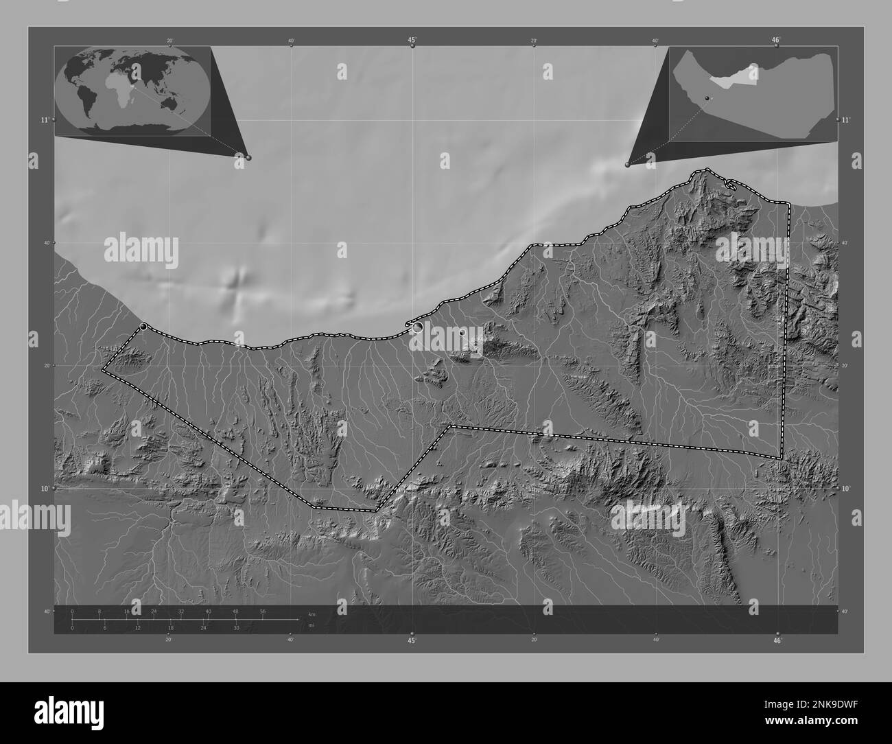 Sahil, Region Somaliland. Bilevel-Höhenkarte mit Seen und Flüssen. Standorte der wichtigsten Städte der Region. Eckkarten für zusätzliche Standorte Stockfoto