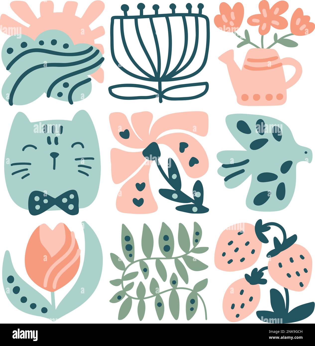 Vector Spring Ethnic Logo Kompositionsmuster von Vogel, Blume, Blatt, Erdbeere und Zweig. Süße Bogo-Illustration im handgezeichneten Konstruktor im Quadrat Stock Vektor