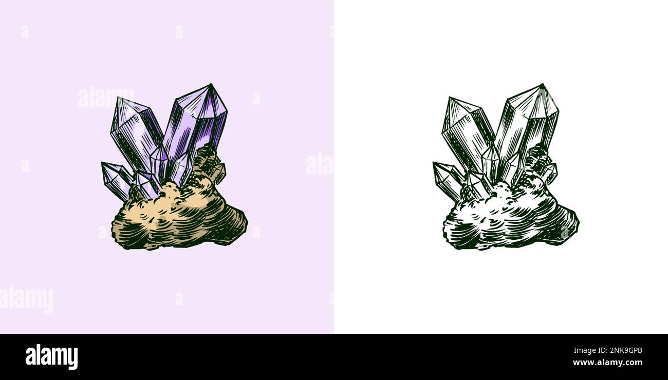 Magischer Stein oder Kristall oder festes Material. Raubwald Wilder Vogel. Skizze mit Vintage-Gravur. Doodle-Übersicht. Handzeichnung. Stock Vektor