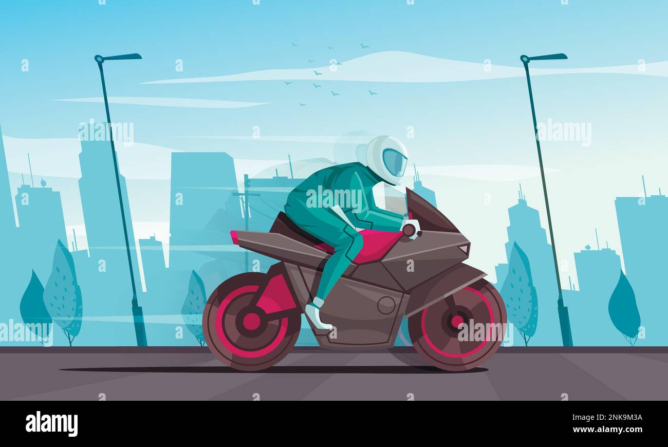 Motorrad-Cartoon-Poster mit Biker in Sportbekleidung auf einem Fahrrad Vektordarstellung Stock Vektor