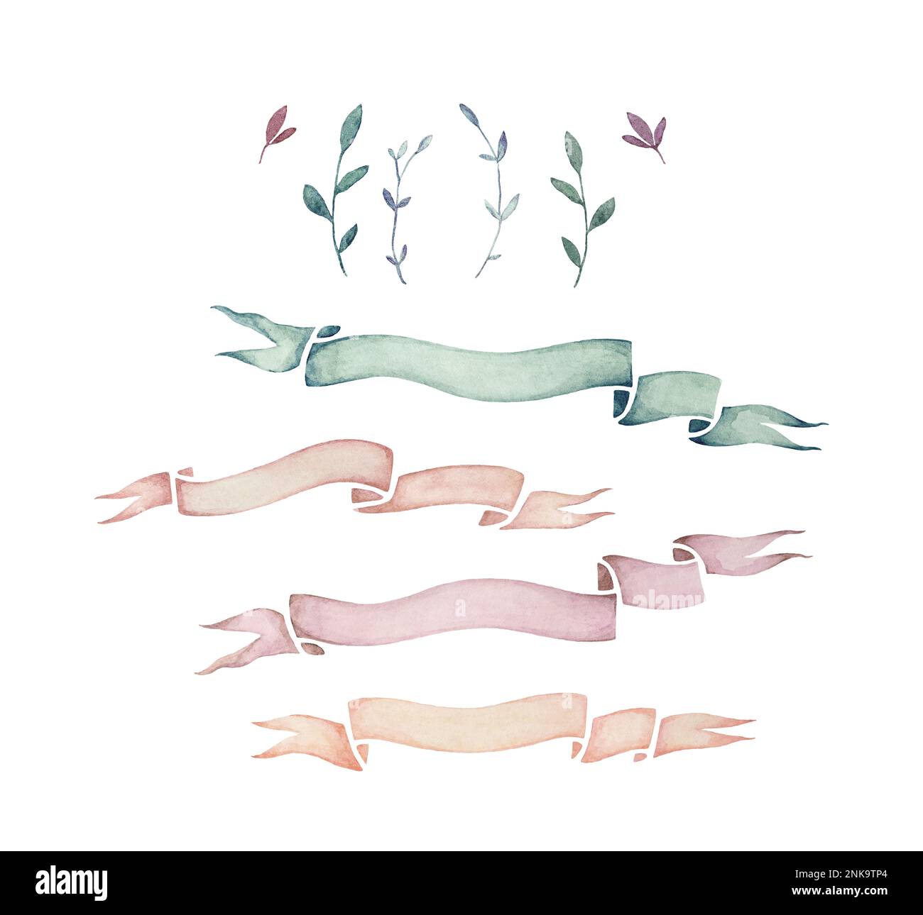 Aquarell Farbband Set, Zweig Aquarell, Einladung Designelemente, Gender Neutrale Farben, Aquarell Clip Art, Isoliert auf weißem Hintergrund Stockfoto