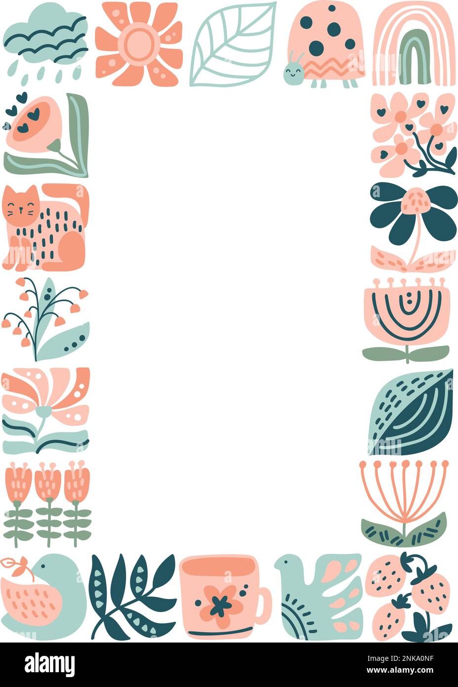 Vector Spring Ethnic Logo Composition pattern frame Fliesenmosaik von Vogel, Blume, Blatt, Erdbeere und Zweig. Süßes Bo-Ho-Bild in Hand gezeichnet Stock Vektor