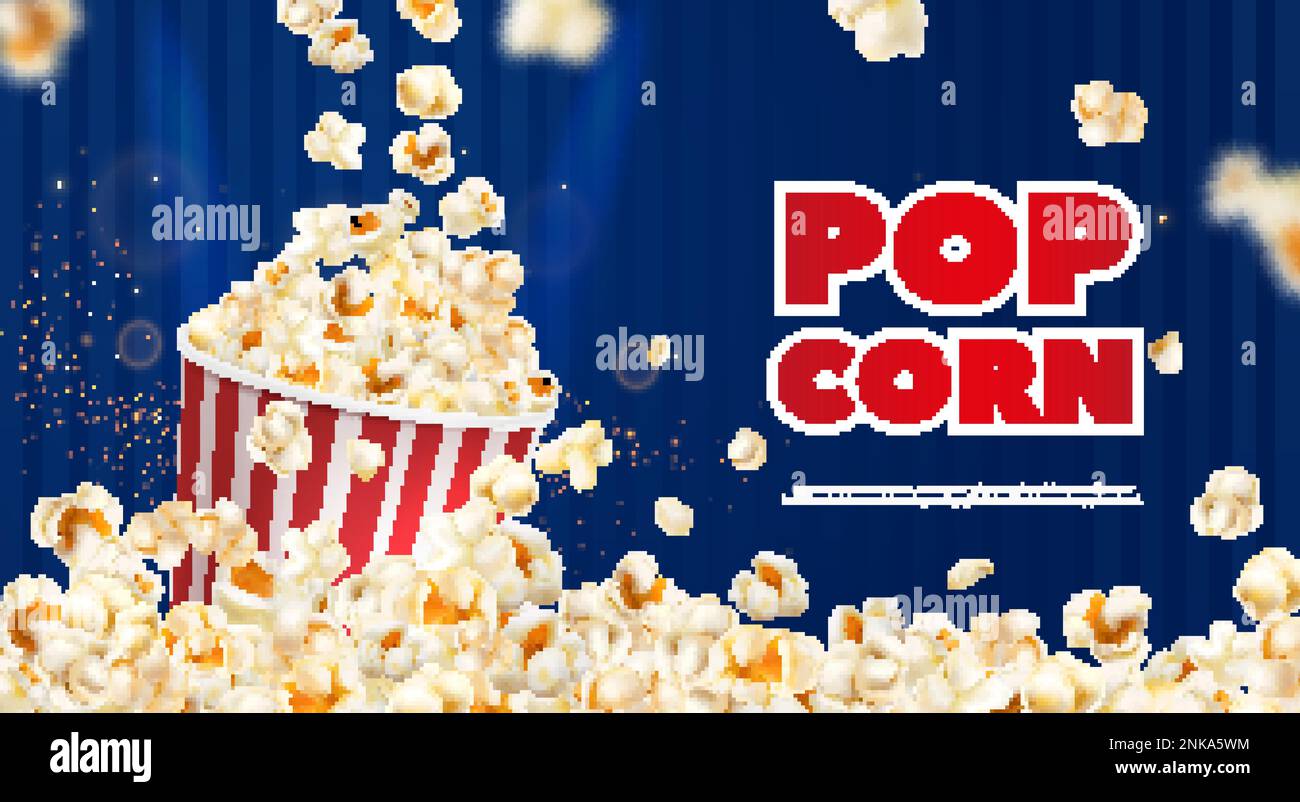 Realistisches Popcorn-Poster mit Flocken, die auf den Eimer fallen, auf blauem Hintergrund (Vektordarstellung) Stock Vektor