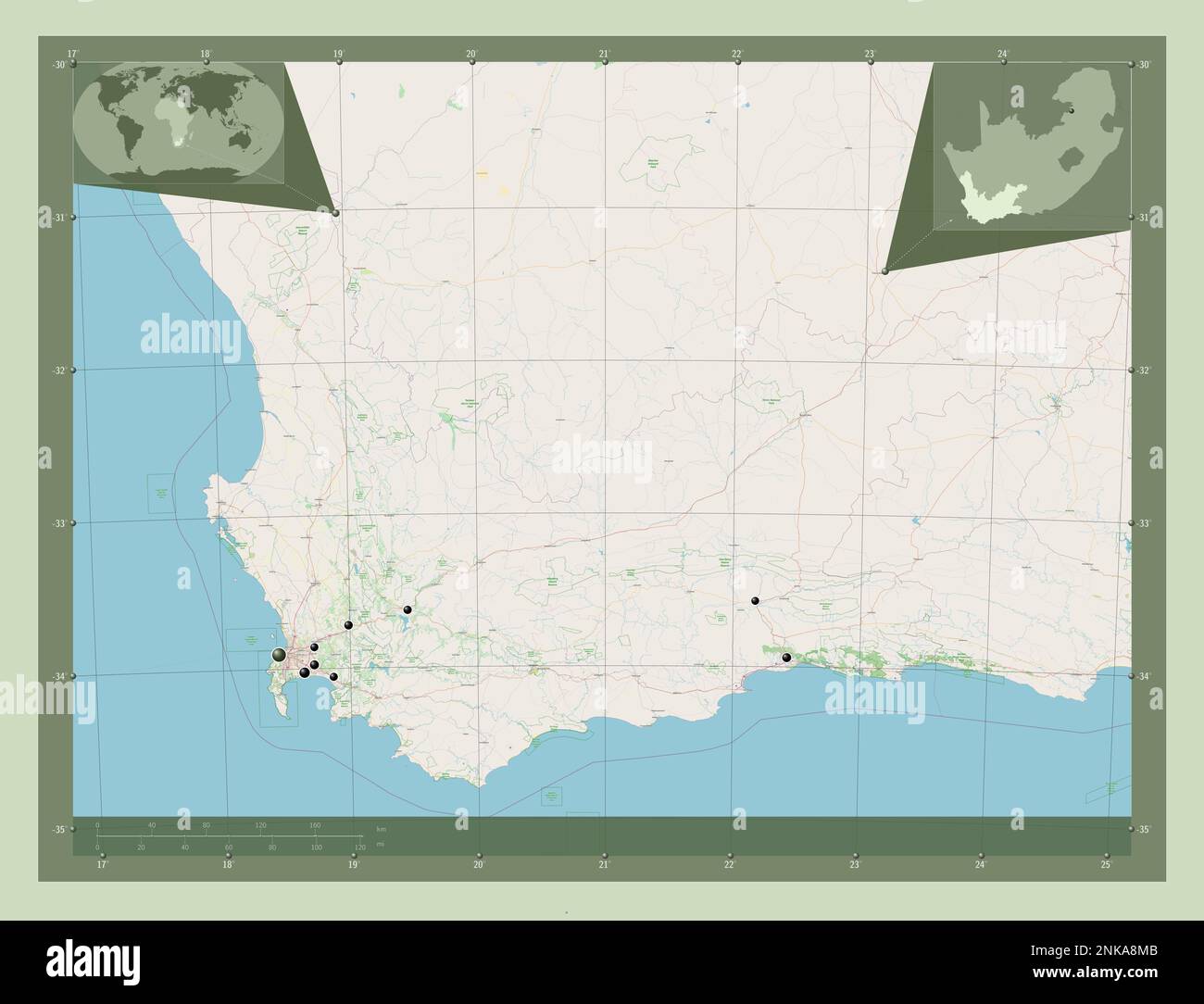 Westkap, Provinz Südafrika. Straßenkarte Öffnen. Standorte der wichtigsten Städte der Region. Eckkarten für zusätzliche Standorte Stockfoto