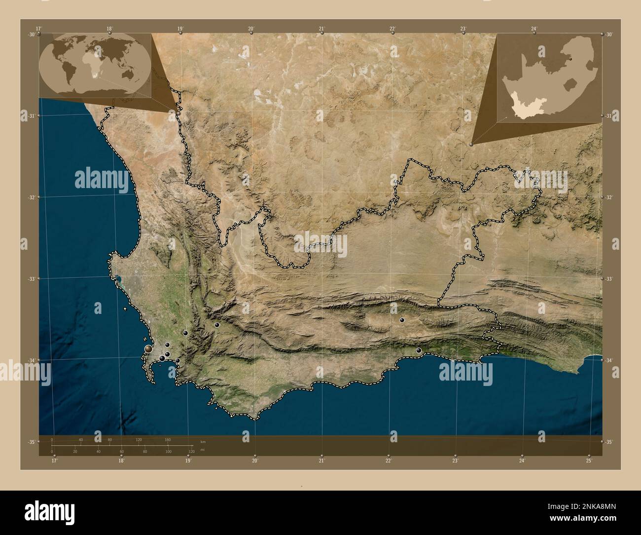 Westkap, Provinz Südafrika. Satellitenkarte mit niedriger Auflösung. Standorte der wichtigsten Städte der Region. Eckkarten für zusätzliche Standorte Stockfoto