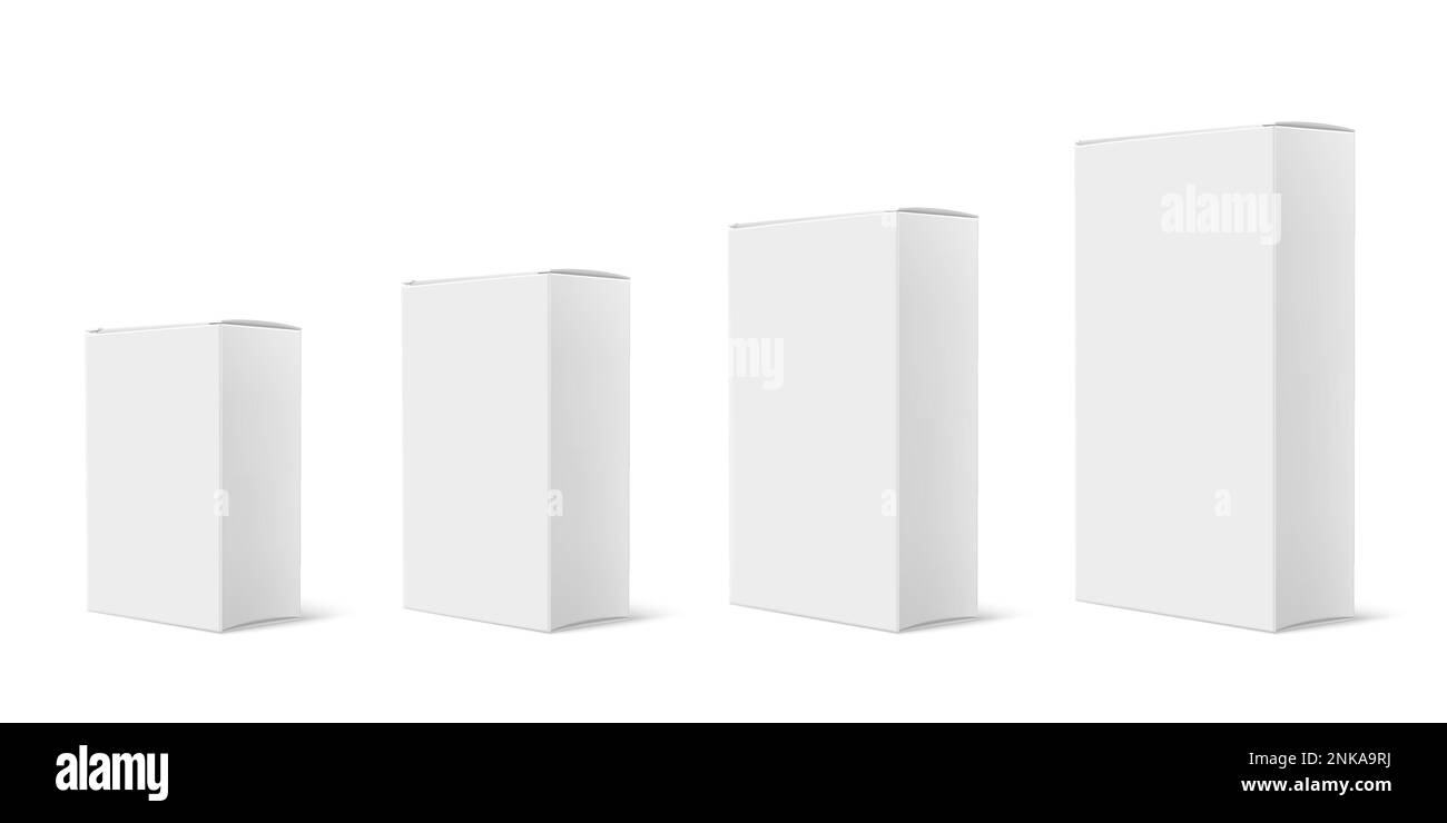 Realistisches Kastenmodell mit isolierten Bildern von vier ähnlich skalierten weißen Kästchen unterschiedlicher Größe Vektordarstellung Stock Vektor
