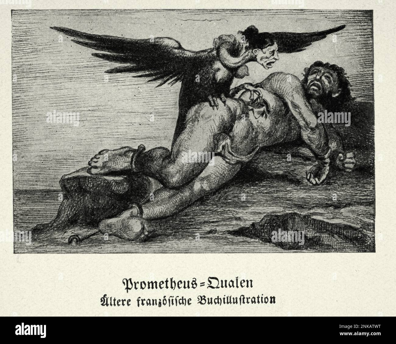 Griechische Mythologie, Prometheus in Qualen, ein Titan-gott des Feuers, Harpy isst seine Leber, Vintage-Illustration Stockfoto