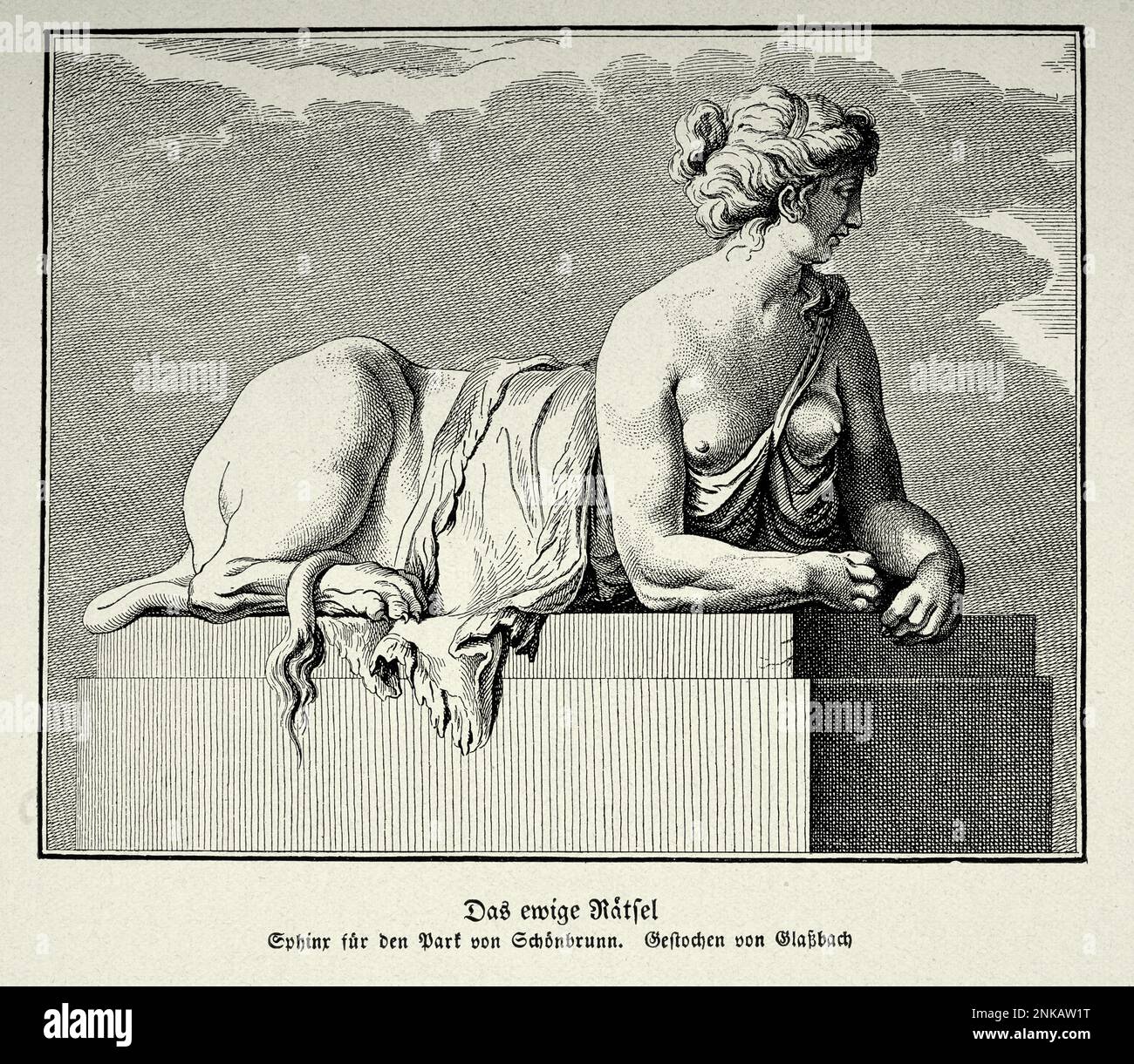 Vintage Illustration das ewige Geheimnis, die Sphinx, ein mythisches Wesen mit dem Kopf eines Menschen, dem Körper eines Löwen Stockfoto