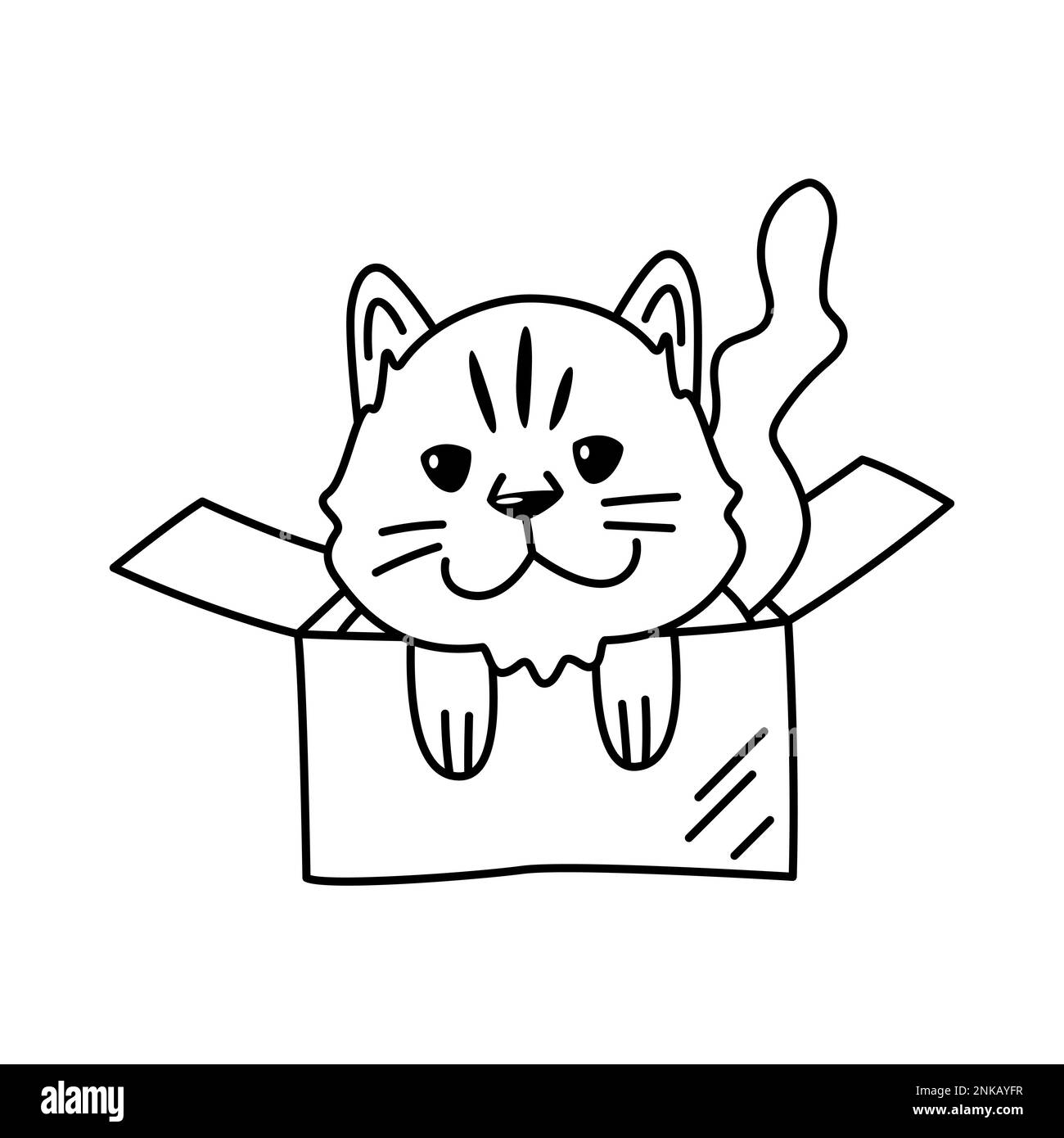Kleine gestreifte Katze in einer Pappschachtel. Lineare Doodle-Darstellung eines Haustieres. Niedliches Designelement für Tierheime Stock Vektor