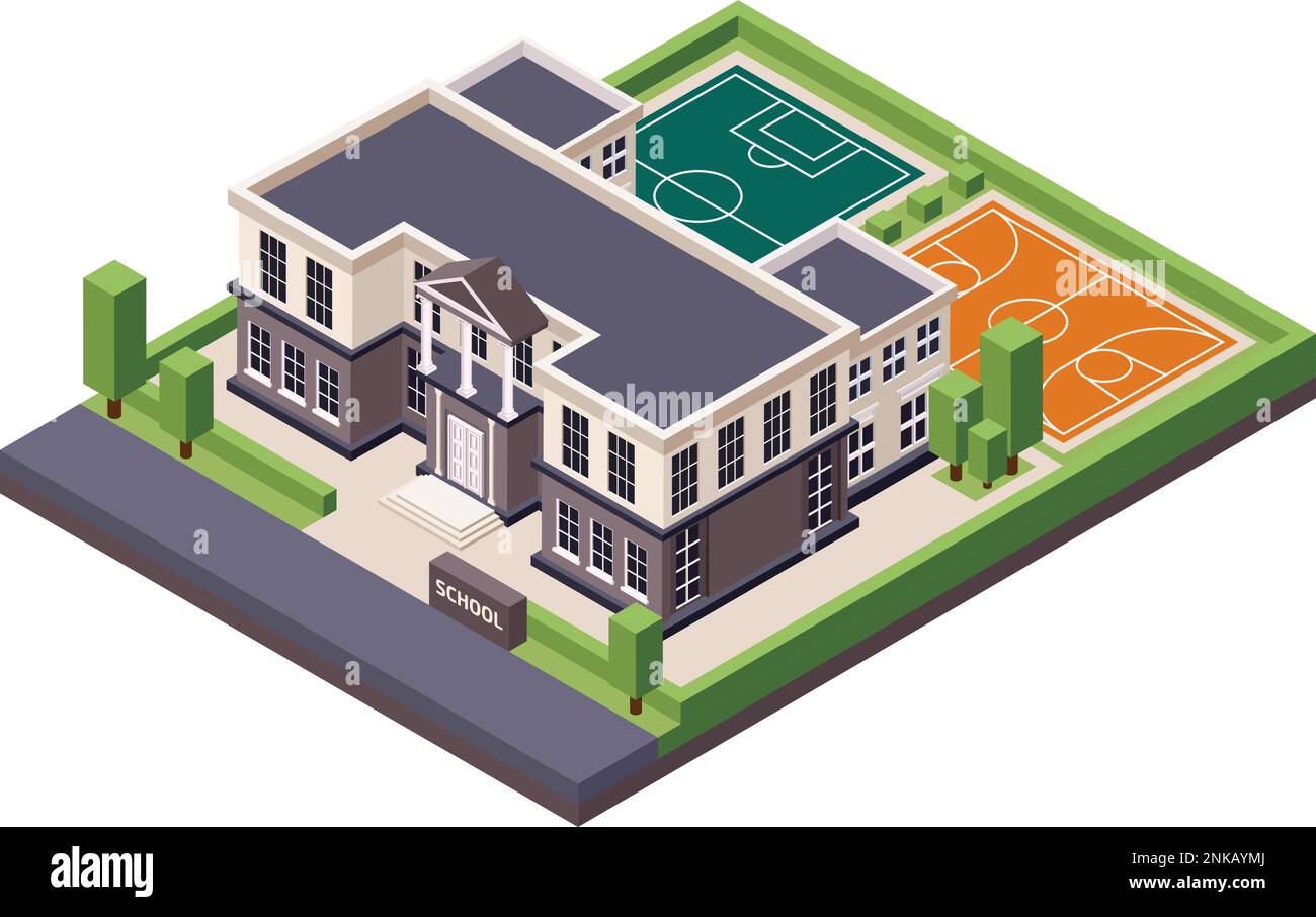 Klassisch-architektonische isometrische Komposition mit Sportplätzen hinter einem Gebäude im Vintage-Stil mit Schulschild und Hecke-Vektordarstellung Stock Vektor