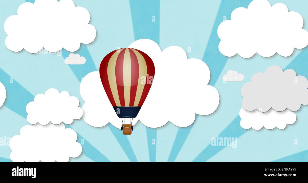 Abbildung: Ballon- und Wolkensymbole auf blau gestreiftem Hintergrund Stockfoto