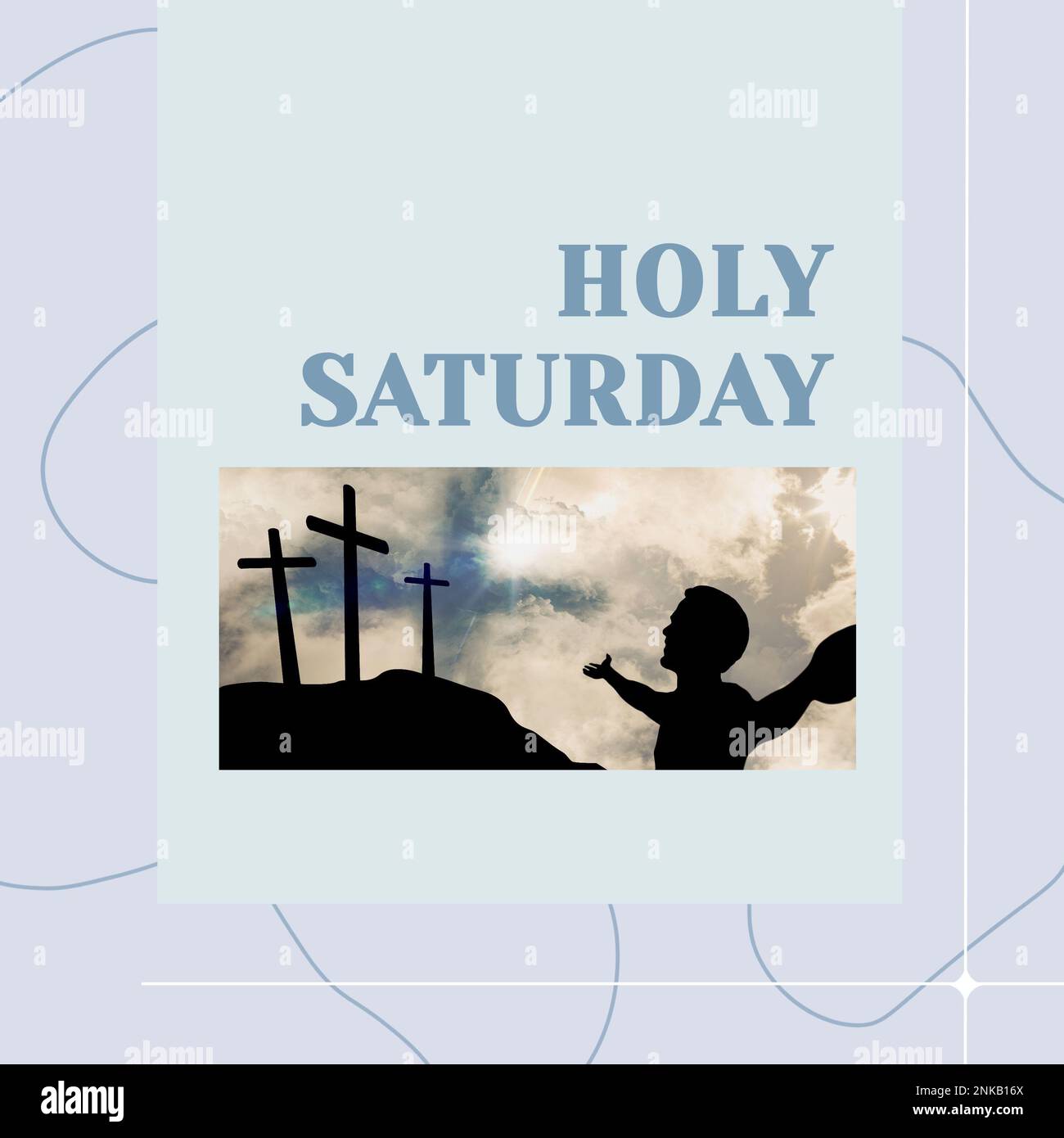 Gemisch aus Mann mit ausgestreckten Armen betet gegen den Himmel und heiliger samstagstext. Kopierraum, Silhouette, Natur, christentum, Ende der Länge Stockfoto