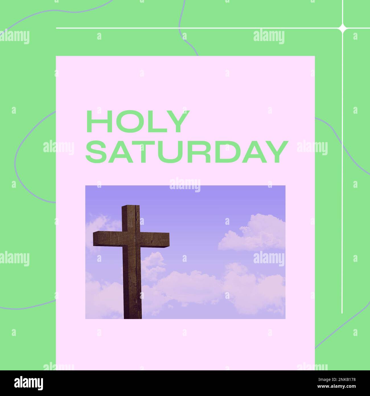 Kombination aus Kreuz und blauem Himmel und heiligem samstag auf weißem und grünem Hintergrund. Kopierraum, christentum, Religion, Ende der fastenzeit, t Stockfoto