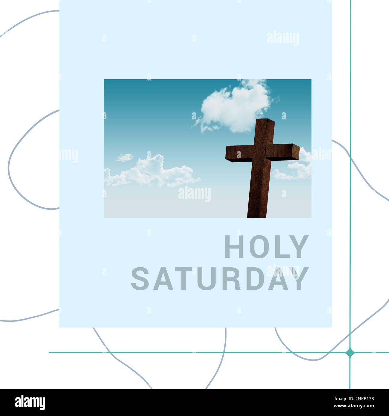 Komposition aus Kreuz gegen Himmel und heiliger samstag Text mit Kritzeleien auf weißem Hintergrund. Kopierraum, christentum, Religion, Ende der fastenzeit, t Stockfoto