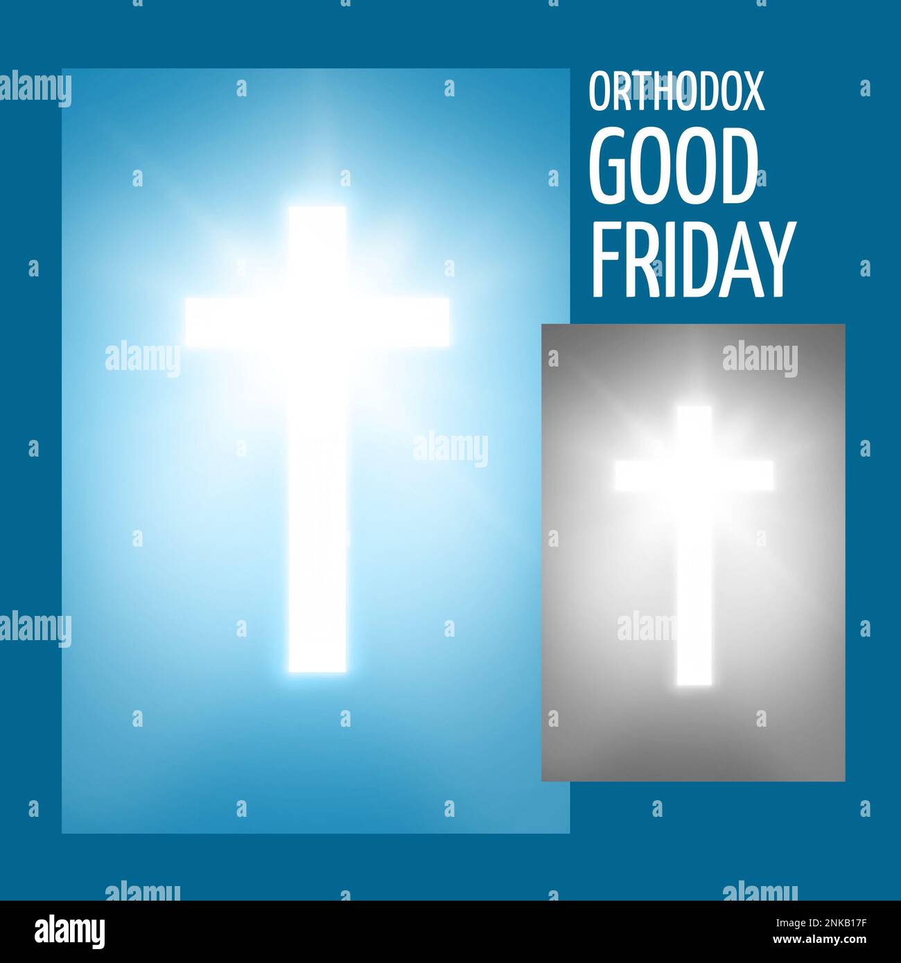 Collage aus leuchtendem Kreuz und orthodoxem karfreitagstext auf blauem Hintergrund. Kopierraum, Fasten, christentum, Religion, Tradition und Feier Stockfoto
