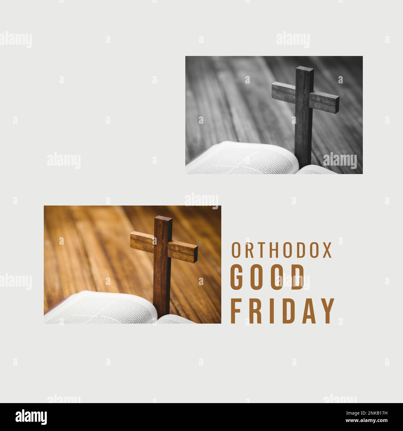 Collage aus Kreuz und bibel auf dem Tisch und orthodoxer karfreitagstext auf weißem Hintergrund. Kopierraum, Composite, Buch, Fasten, christentum, Spiritualität Stockfoto