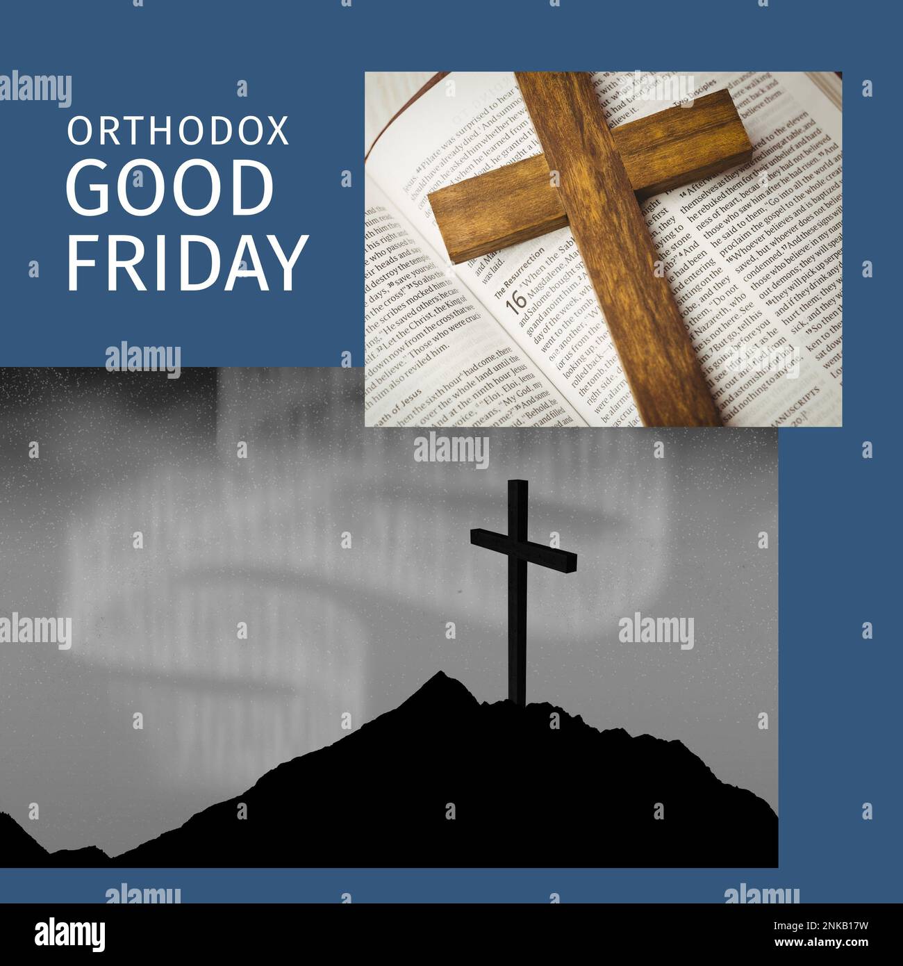Collage aus Kreuz mit bibel und Kreuz auf dem Berg mit orthodoxem karfreitagstext auf blauem Hintergrund. Kopierraum, Composite, Fasten, Buch, Spiritualität Stockfoto