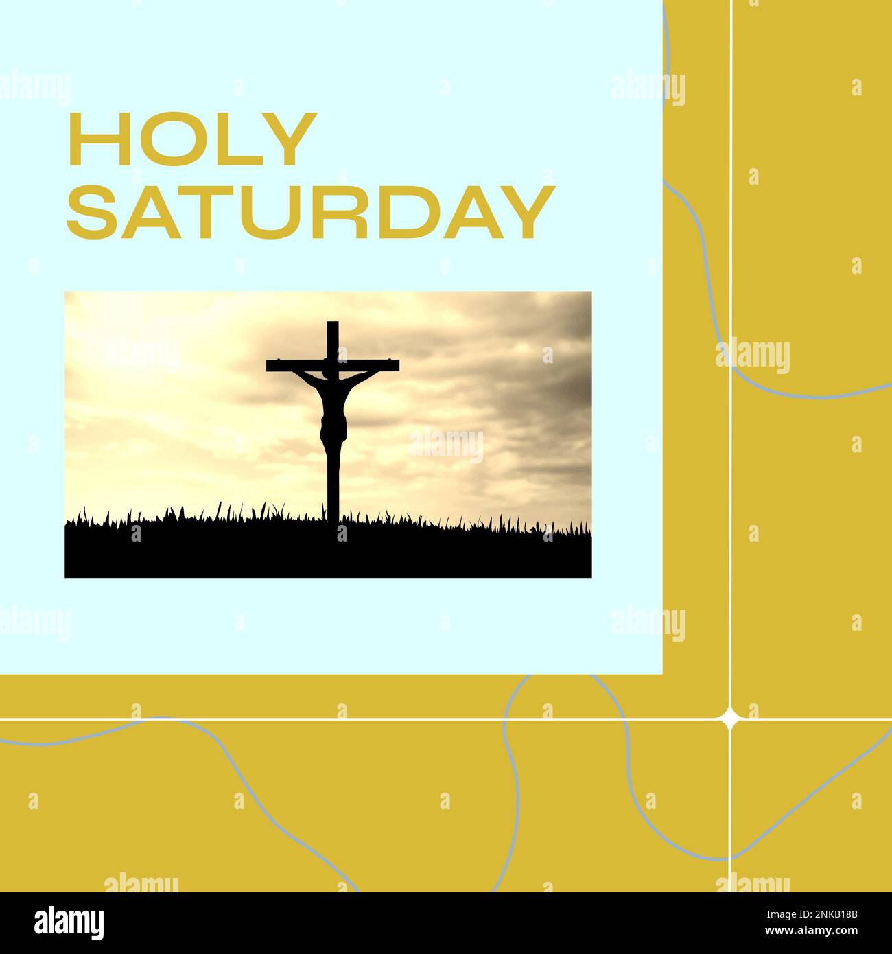 Kruzifix-Komposit gegen bewölkten Himmel und heiliger samstagstext auf blauem und gelbem Hintergrund. Kopierraum, Natur, Kritzelei, christentum, Ende von Lens Stockfoto