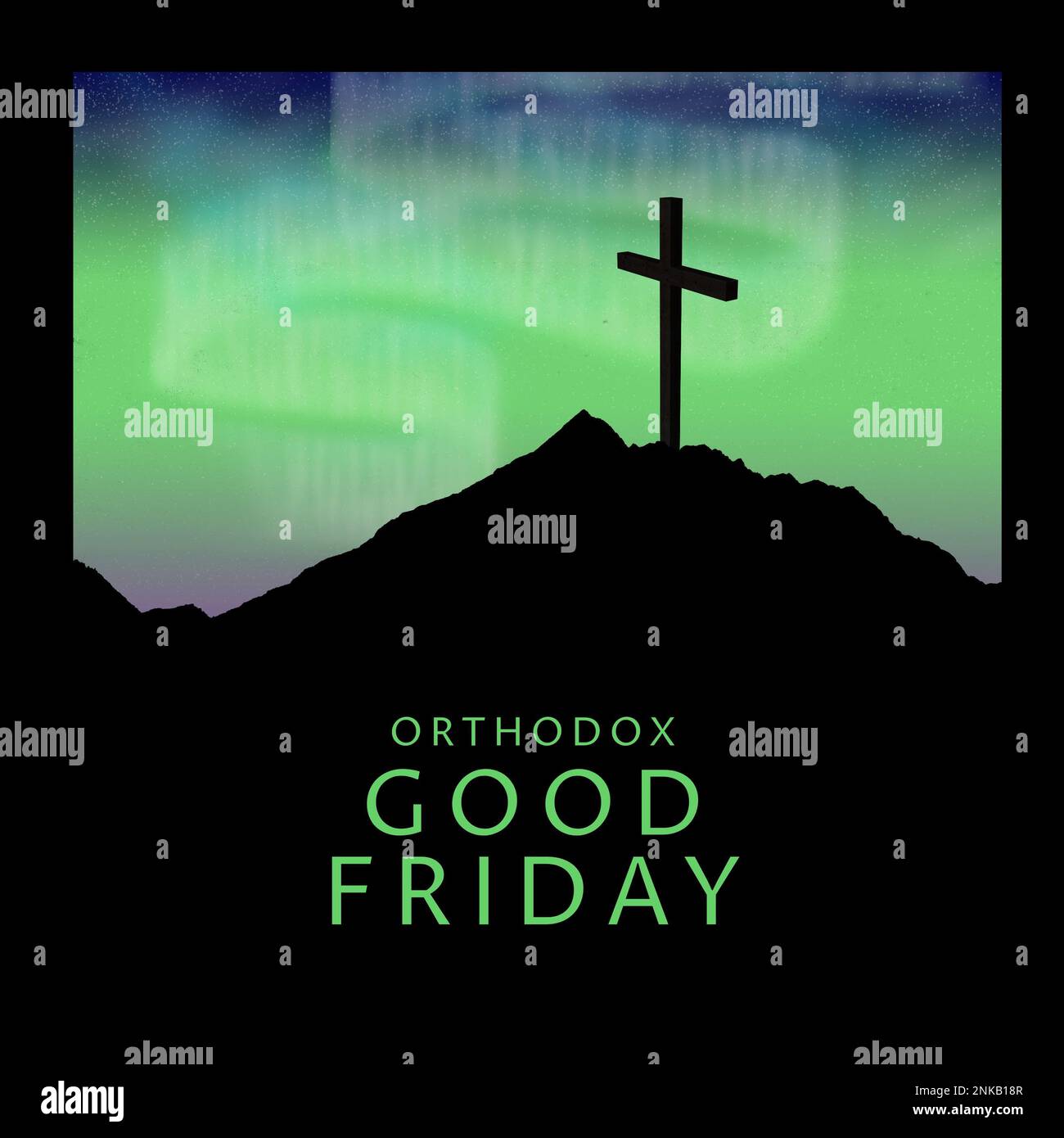 Darstellung des orthodoxen karfreitags-Textes und des Silhouettenkreuzes auf Felsformation gegen Sternenfeld. Kopierraum, Nacht, Fasten, christentum, Religion Stockfoto