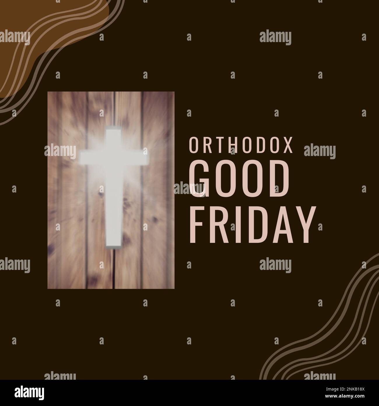 Kombination aus beleuchtetem Kreuz auf Holz und orthodoxem karfreitagstext auf braunem Hintergrund. Kopierraum, Fasten, christentum, Religion, Tradition und c Stockfoto