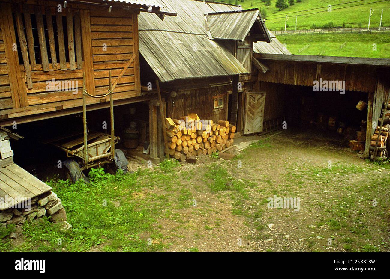 Holzstrukturen auf einem ländlichen Grundstück in Suceava County, Rumänien, ca. 2000 Stockfoto