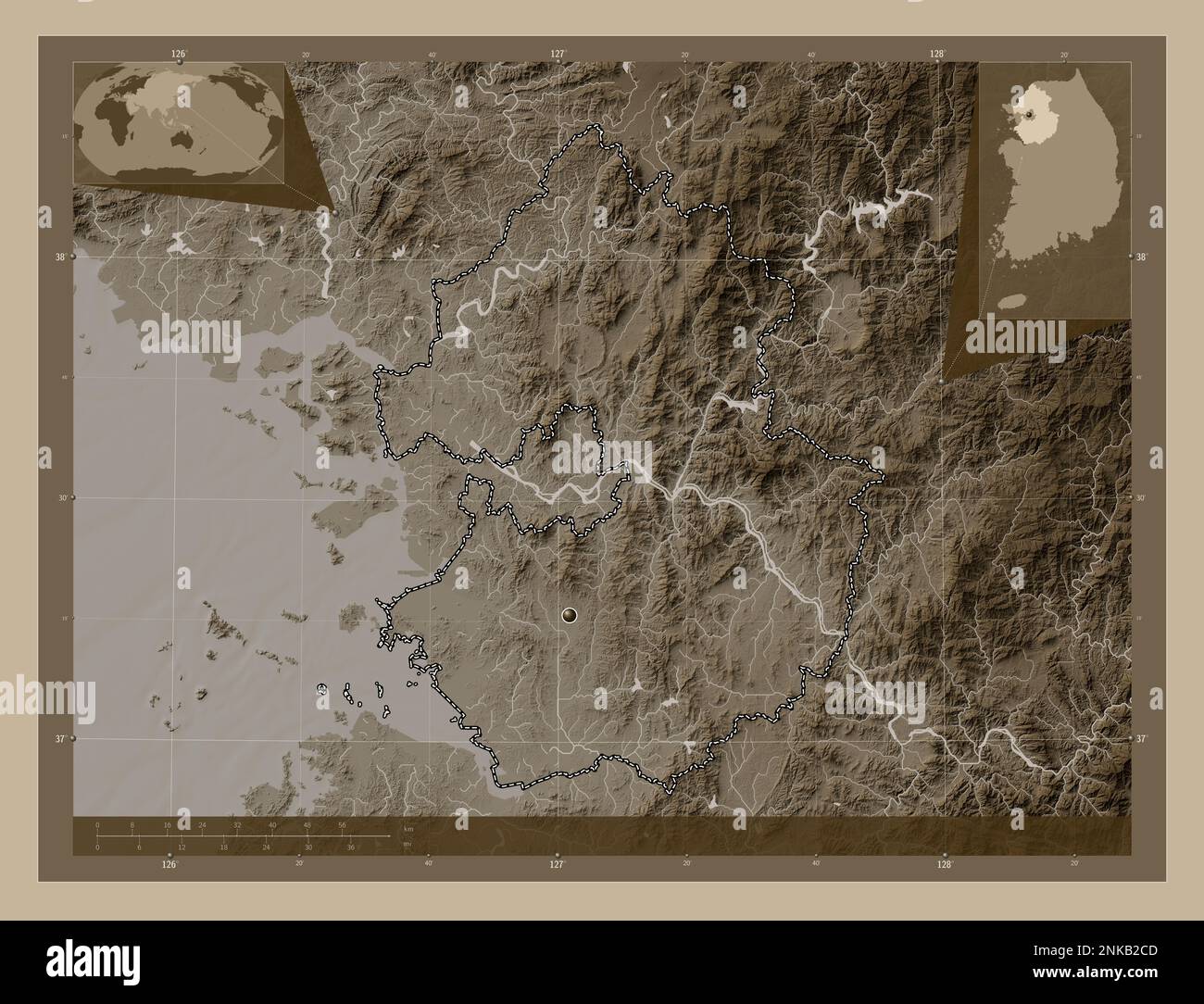 Gyeonggi-do, Provinz Südkorea. Höhenplan in Sepia-Tönen mit Seen und Flüssen. Eckkarten für zusätzliche Standorte Stockfoto