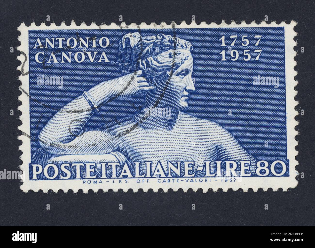 DER italienische Bildhauer ANTONIO CANOVA ( 1757 - 1822 ) . Post Stamp Timber von der italienischen Post 1957 - PAOLINA BORGHESE BONAPARTE Schwester von NAPOLEONE - SCULTORE - francobollo commemorativo ---- Archivio GBB Stockfoto