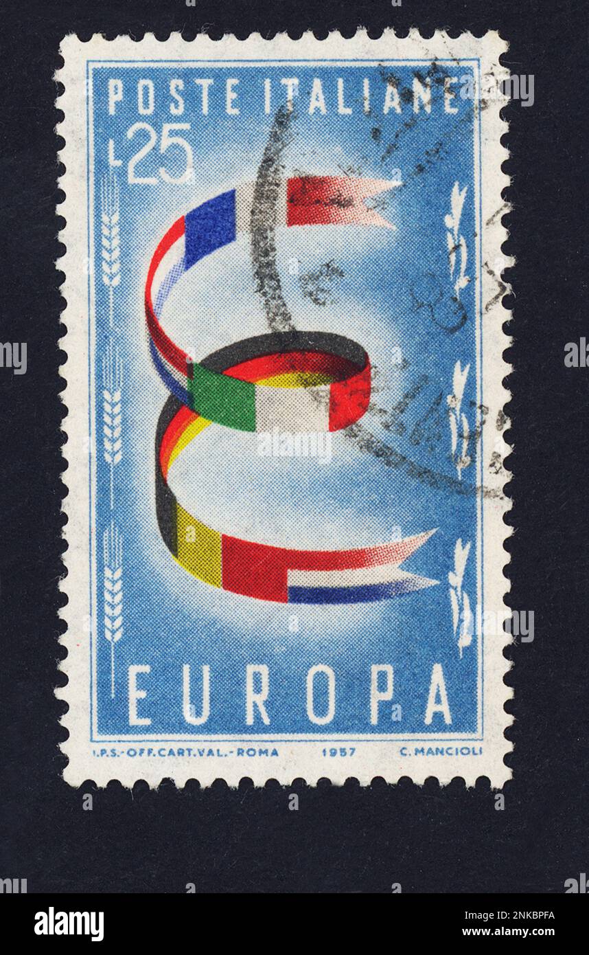 Die Europäische Union , die Europäische Gemeinschaft . Post Stamp Timber aus dem italienischen Postdienst 1957 - POLITICA - POLITIC - CEE - MERCATO COMUNE EUROPEO - MEC - Comunità Europea - francobollo commemorativo ---- Archivio GBB Stockfoto